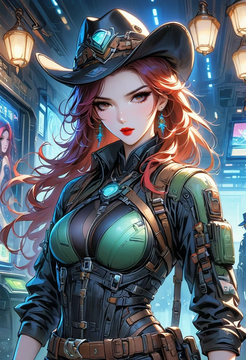 masterpiece, pale skin, red lips, light eyes, eye shadow, Frontal photo of a red-haired beauty with medium curly hair standing in the Star Tavern，Cyberpunk cowboy in interstellar tavern，Futuristic starry sky background，Alien Technology，Mechanical Cowboy，Wearing a red and black mechanical suit, Mafia style mechanical suit, 她 is also wearing a hat, Jeans and high heels, Very detailed body, Alien Technology in detail, chiaroscuro, Natural light, Very detailed, 她 and the car focus on images