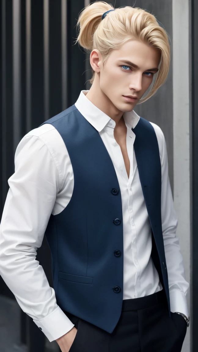 (high quality:1.2),male,attractive,handsome,adorable,charming,young, blonde hair.lace, ponytail hair, guy, stylish outfit, trendy attire, fashionable dressing, in his clothes, outfit details, stylish appearance, confident posture, cool vibe, edgy style, modern fashion, youthful aura, vibrant personality, A man wearing a brown vest over a white T-shirt, delicate man, extremely detailed body, beautiful detailed blue eyes, white skin