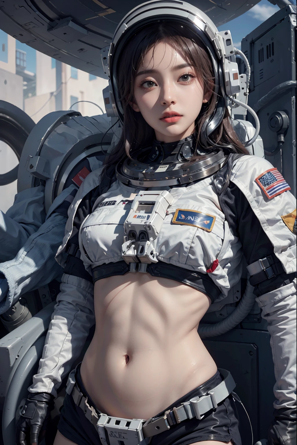 1girl wear a helmet and astronaut spacesuit, Very detailed helmet, spacesuit, bare belly, bare belly, belly open, midriff, stomach, beautiful girl, Completely exposed abdomen, Complex 3D rendering, a beautiful ultra detailed female face, in outer space, beautiful studio soft light, fine face, vibrant details, current, elegance, beautiful space plant background, an extremely exquisite and beautiful, extremely detailed, CG, (realistic, photo realistic: 1.37), stunning, fine details, official art, extremely detailed CG unified, 8k wallpaper, Mecha, space_helmet, firmament, best quality, masterpiece, anatomically correct, textured skin,upper body capture
