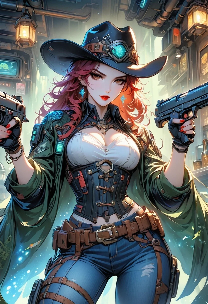 masterpiece, pale skin, red lips, light eyes, eye shadow, Frontal photo of a red-haired beauty with medium curly hair standing in the Star Tavern，Cyberpunk cowboy in interstellar tavern，Futuristic starry sky background，Alien Technology，Mechanical Cowboy，Wearing a red and black mechanical suit, Mafia style mechanical suit, 她 is also wearing a hat, Jeans and high heels, Very detailed body, Alien Technology in detail, chiaroscuro, Natural light, Very detailed, 她 and the car focus on images