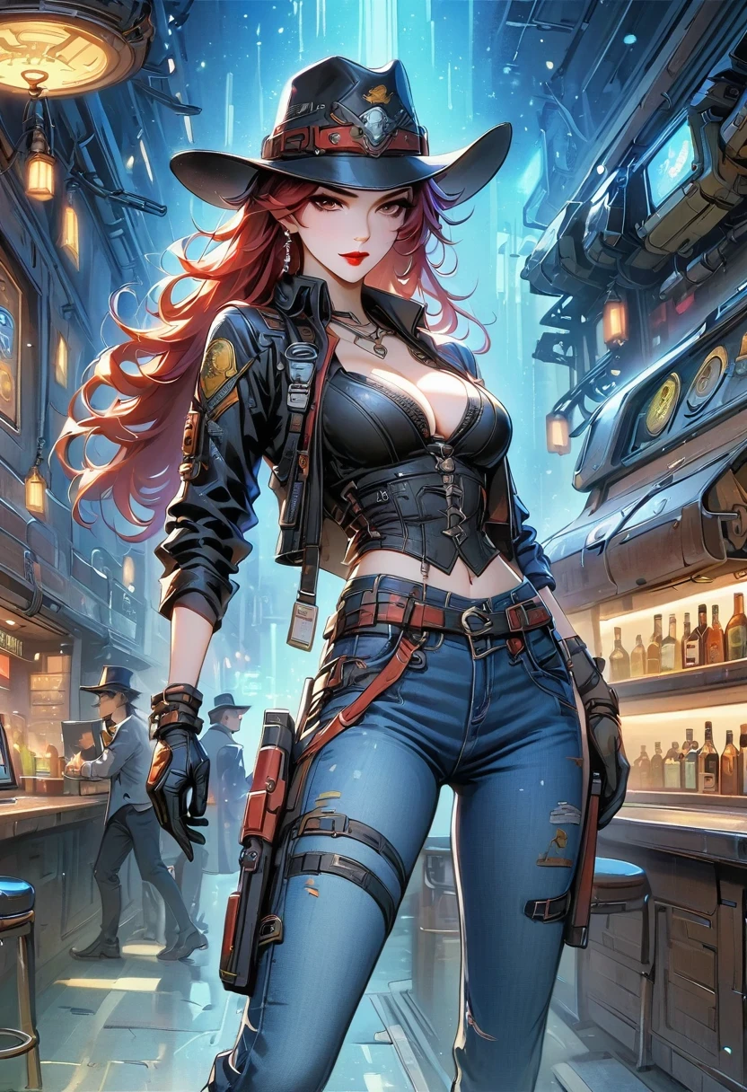 masterpiece, pale skin, red lips, light eyes, eye shadow, Frontal photo of a red-haired beauty with medium curly hair standing in the Star Tavern,Cyberpunk cowboy in interstellar tavern,Futuristic starry sky background,Alien Technology,Mechanical Cowboy,Wearing a red and black mechanical suit, Mafia style mechanical suit, 她 is also wearing a hat, Jeans and high heels, Very detailed body, Alien Technology in detail, chiaroscuro, Natural light, Very detailed, 她 and the car focus on images