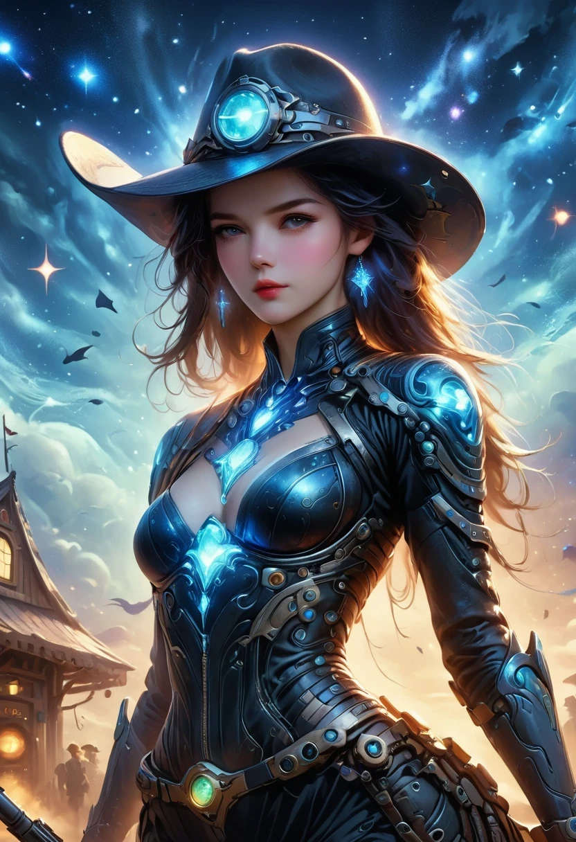 Cyberpunk Cowgirl in Interstellar Tavern，Wearing a stylish cowboy hat，Futuristic starry sky background，Alien Technology，Mechanical Cowboy，