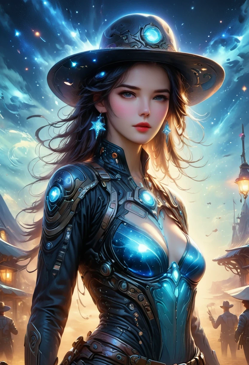 Cyberpunk Cowgirl in Interstellar Tavern，Wearing a stylish cowboy hat，Futuristic starry sky background，Alien Technology，Mechanical Cowboy，