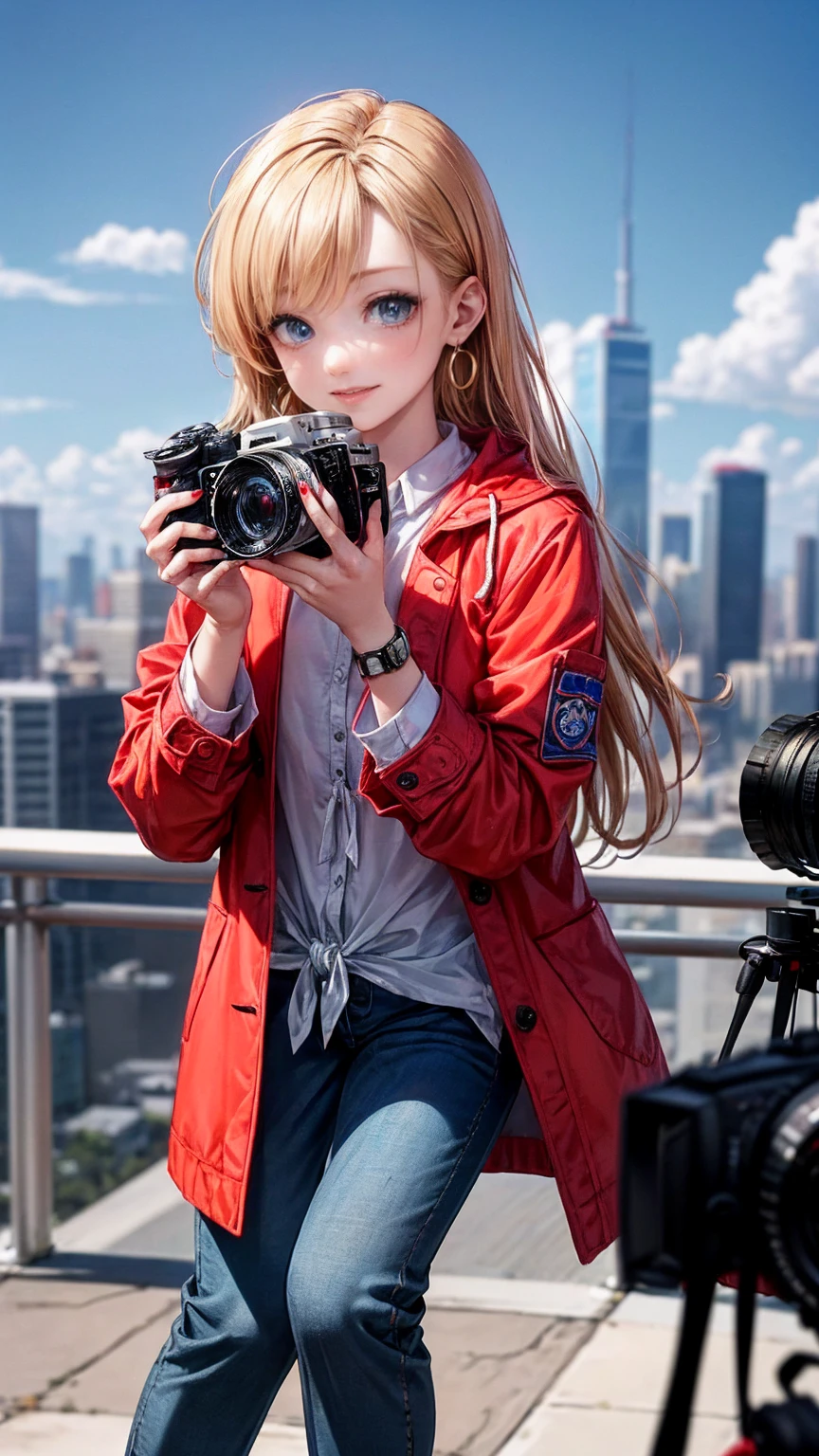 ((最high quality, 8K, masterpiece: 1.3, Ultra HD, high quality, 最high quality, High resolution, realism)) 、25-year-old Caucasian female、blue eyes、long hair、smile、slender、slenderだがアスリートのような細マッチョ、I want my head to stay off screen、Wear accessories on your wrist、Wearing red nail polish、I have a peticure、aerial perspective((atmospheric perspective))、smile((smiley))、background blur((depth of field)、crystal earrings((crystal earrings))、Dark Blonde、Hime cut((hime cut))、Photographer's coat((cameraman coat))wear、Put your hands in your coat pockets、Ankle Tide Pants((ankle tied pants))Wear、スニーカーWear、Carrying a single-lens reflex camera on your shoulder、Holds a photographer bag、Skyscraper background
