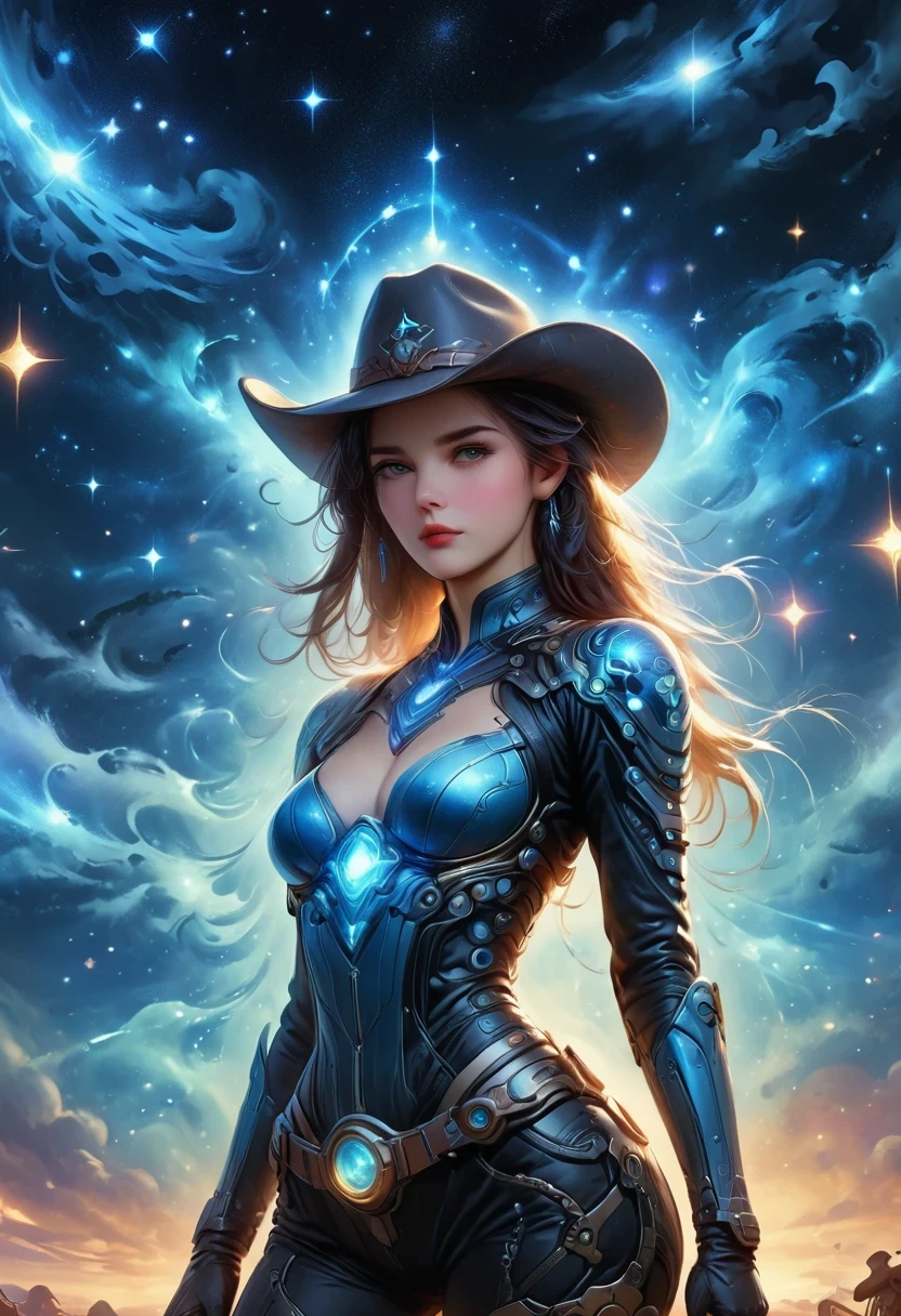 Cyberpunk Cowgirl in Interstellar Tavern，Wearing a stylish cowboy hat，Futuristic starry sky background，Alien Technology，Mechanical Cowboy，