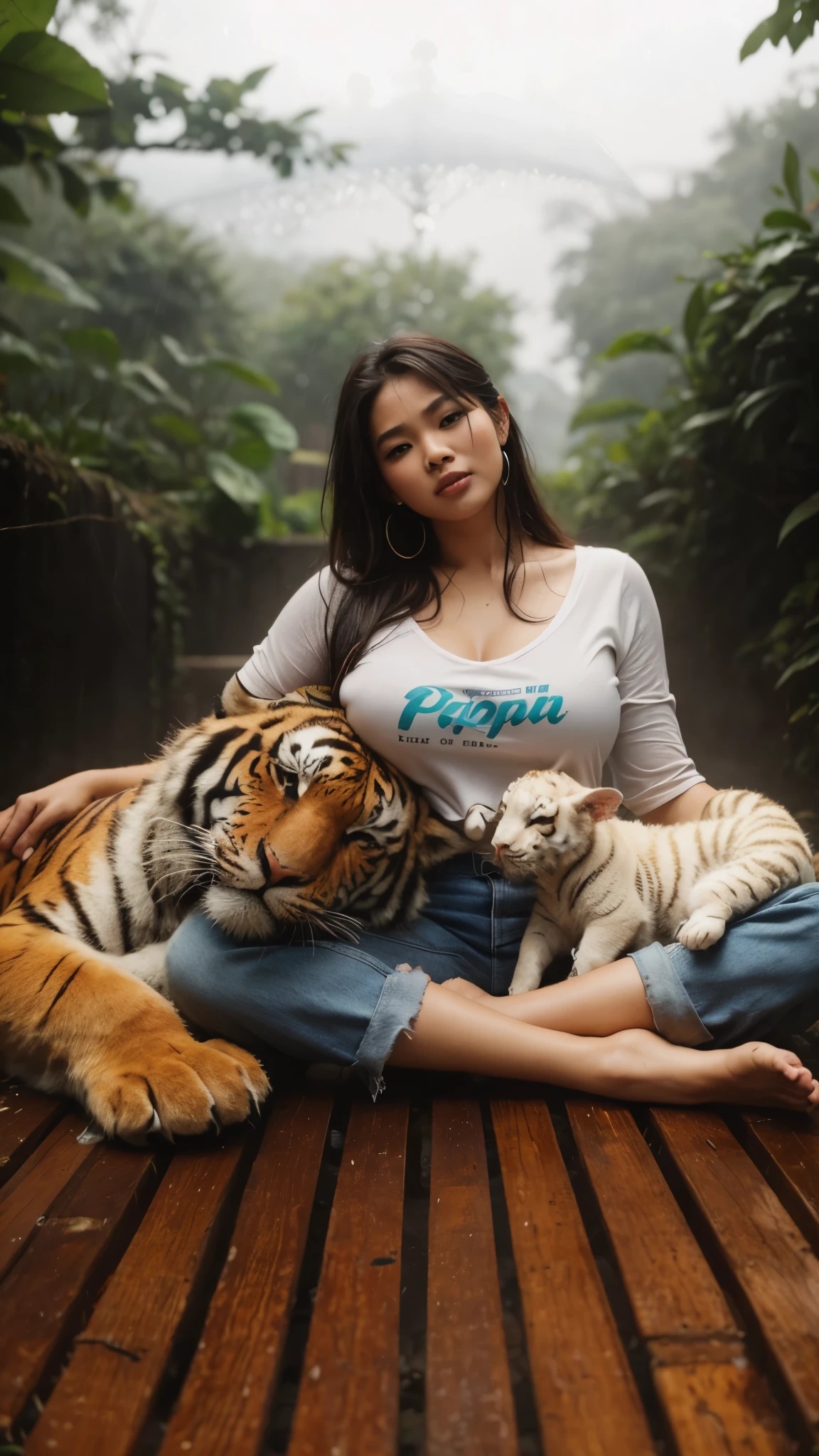 Indonesia woman. Plump woman, wet, Tiger, lamb