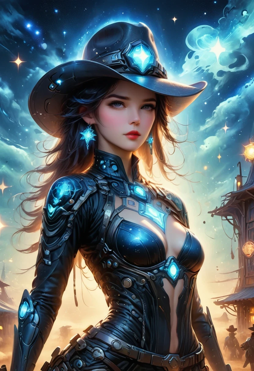 Cyberpunk Cowgirl in Interstellar Tavern，Wearing a stylish cowboy hat，Futuristic starry sky background，Alien Technology，Mechanical Cowboy，