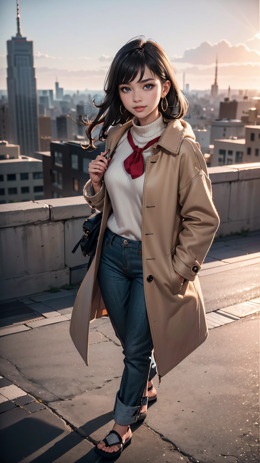 ((最high quality, 8K, masterpiece: 1.3, Ultra HD, high quality, 最high quality, High resolution, realism)) 、25-year-old Caucasian female、blue eyes、long hair、smile、slender、slenderだがアスリートのような細マッチョ、I want my head to stay off screen、Wear accessories on your wrist、Wearing red nail polish、I have a peticure、aerial perspective((atmospheric perspective))、smile((smiley))、background blur((depth of field)、crystal earrings((crystal earrings))、Dark Blonde、Hime cut((hime cut))、Photographer's coat((cameraman coat))wear、Put your hands in your coat pockets、Ankle Tide Pants((ankle tied pants))Wear、スニーカーWear、Carrying a single-lens reflex camera on your shoulder、Holds a photographer bag、Skyscraper background