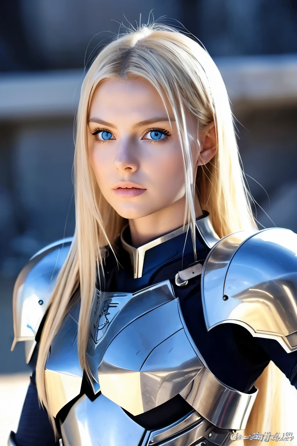 Woman warrior、wearing armor、Blonde and long-haired、Blue Eyes、anime、sexy