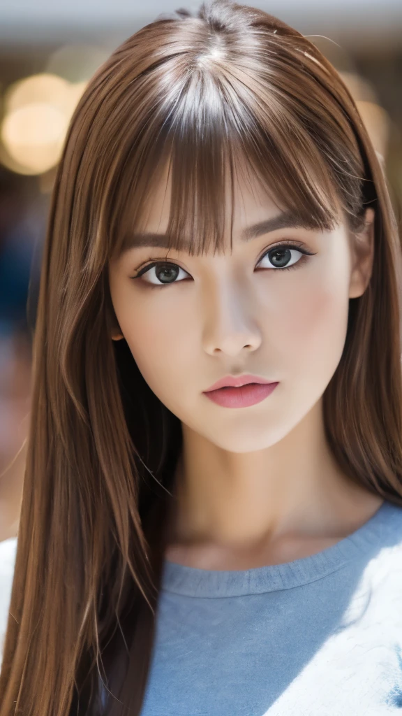 Best quality, 8k,  ,Masterpiece :1.3)), facing viewer,((full body1.2)) ,pretty woman, wide shot ,1girl, , selfie   , ,, Art Gallery  , brown hair  , bangs,ultra-detailed face, highly detailed lips, detailed eyes, double eyelid