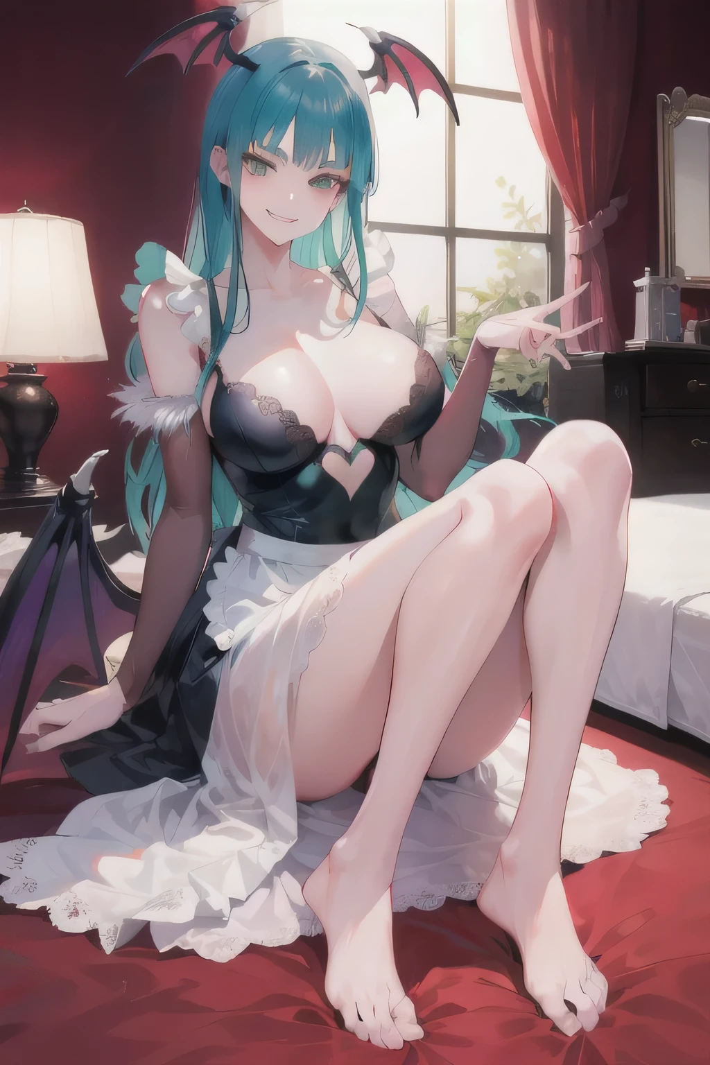 High Resolution、Morrigan,adult woman、smile evilly、Wicked Smile、evil plan、 Most detailed,Maid clothes、Beautiful feet、Hotel Rooms、
