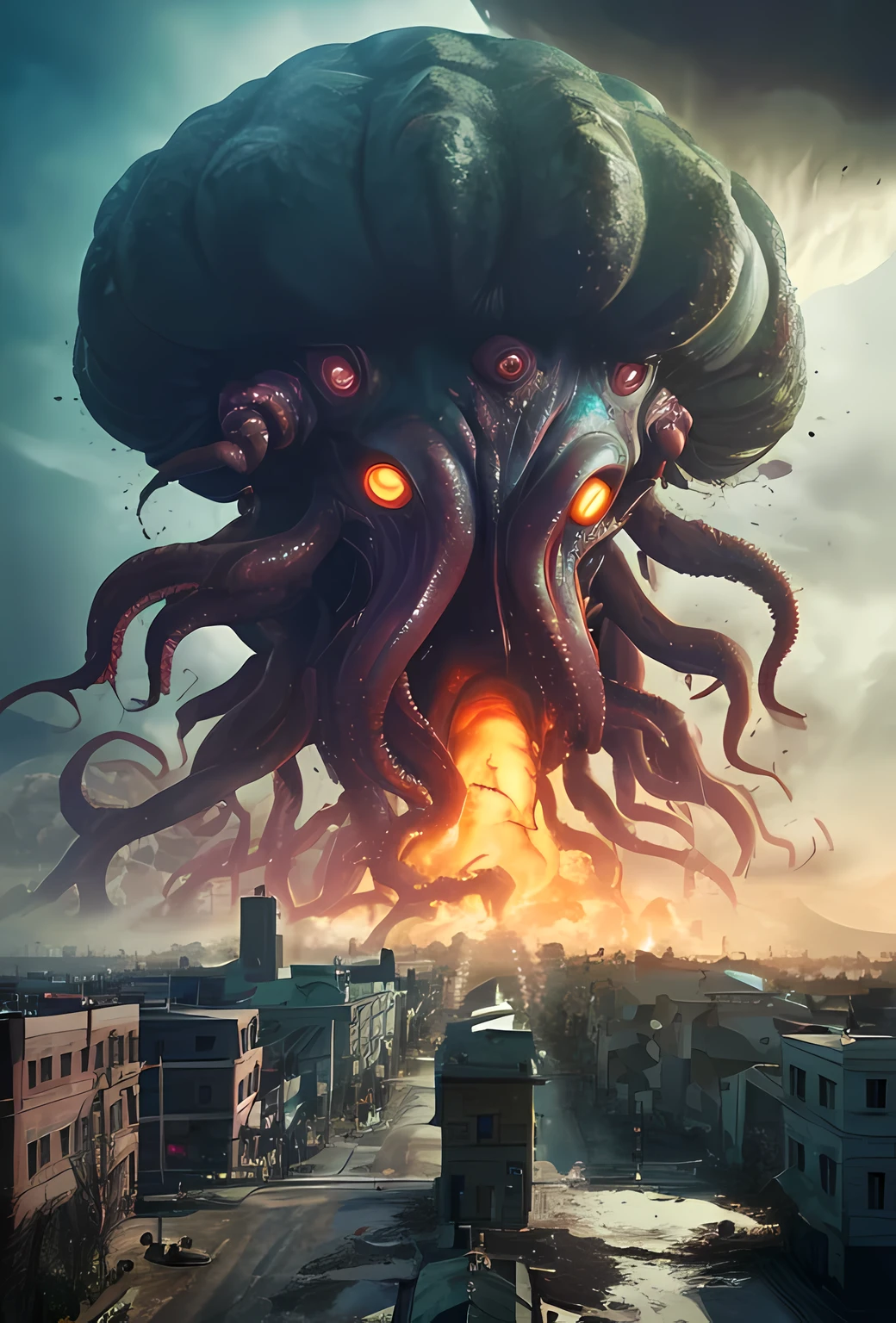 Tentacled monster from parallel universe, 200 foot tall, covered in scaly skin, dark coloured, dark sky on fire. Human beings on the ground running looking scared.