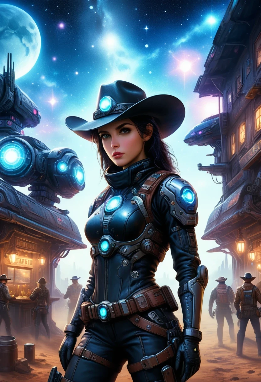 Cyberpunk Cowgirl in Interstellar Tavern，Futuristic starry sky background，Alien Technology，Mechanical Cowboy