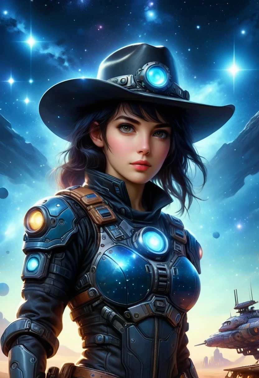 Cyberpunk Cowgirl in Interstellar Tavern,Futuristic starry sky background,Alien Technology,Mechanical Cowboy