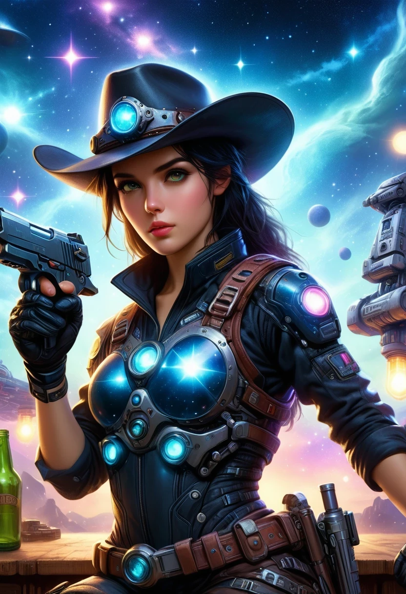 Cyberpunk Cowgirl in Interstellar Tavern，Futuristic starry sky background，Alien Technology，Mechanical Cowboy