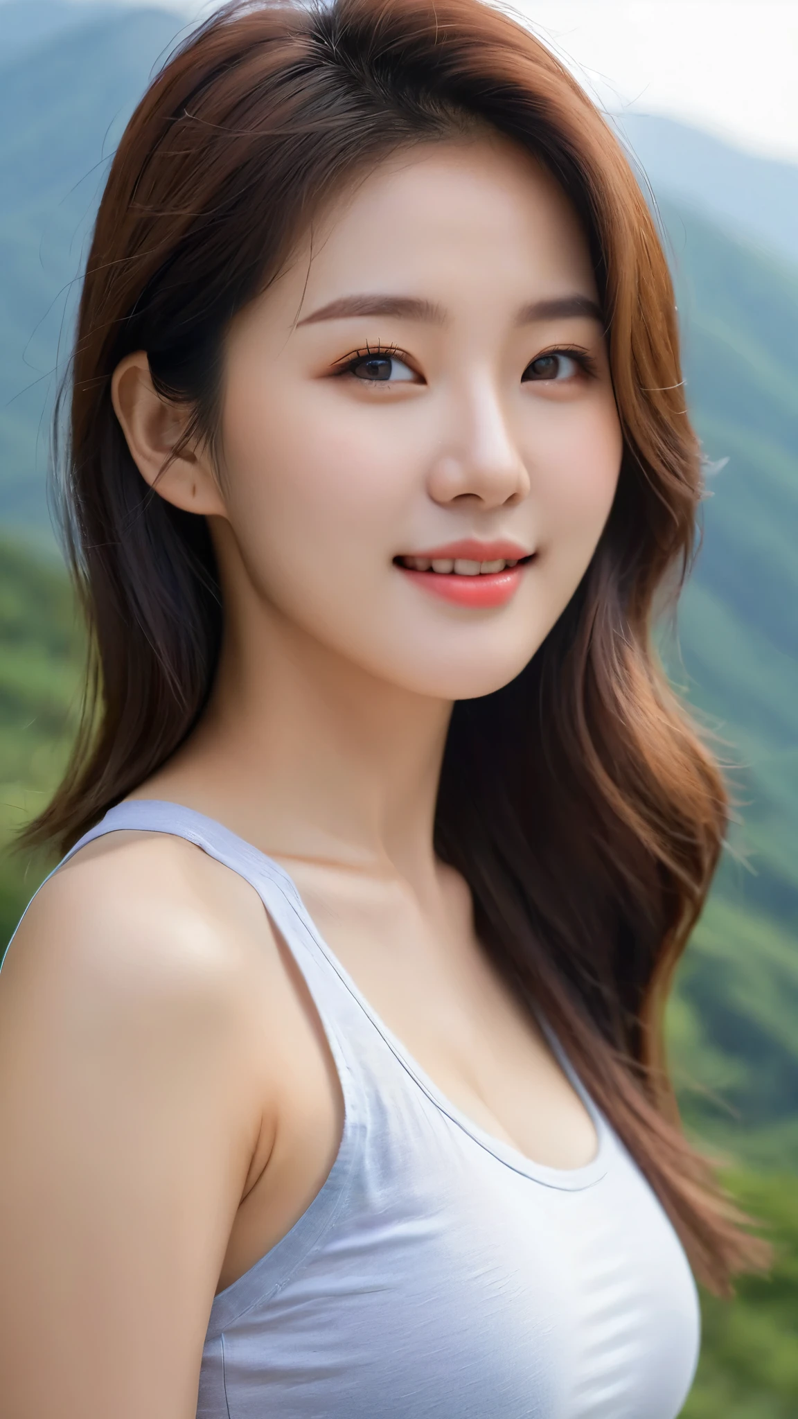 close-up of beautiful korean female, 34 inch breasts size, wearing tank top, pants, slightly smile, on the mountain, bokeh background , UHD