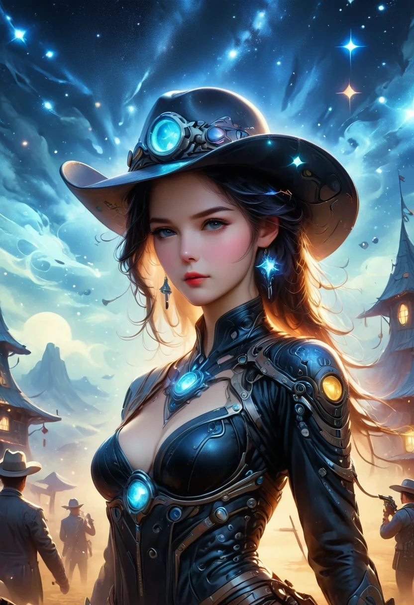 Cyberpunk Cowgirl in Interstellar Tavern,Wearing a stylish cowboy hat,Futuristic starry sky background,Alien Technology,Mechanical Cowboy,