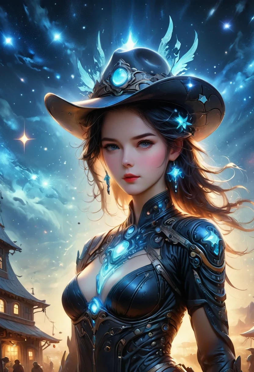 Cyberpunk Cowgirl in Interstellar Tavern,Wearing a stylish cowboy hat,Futuristic starry sky background,Alien Technology,Mechanical Cowboy,