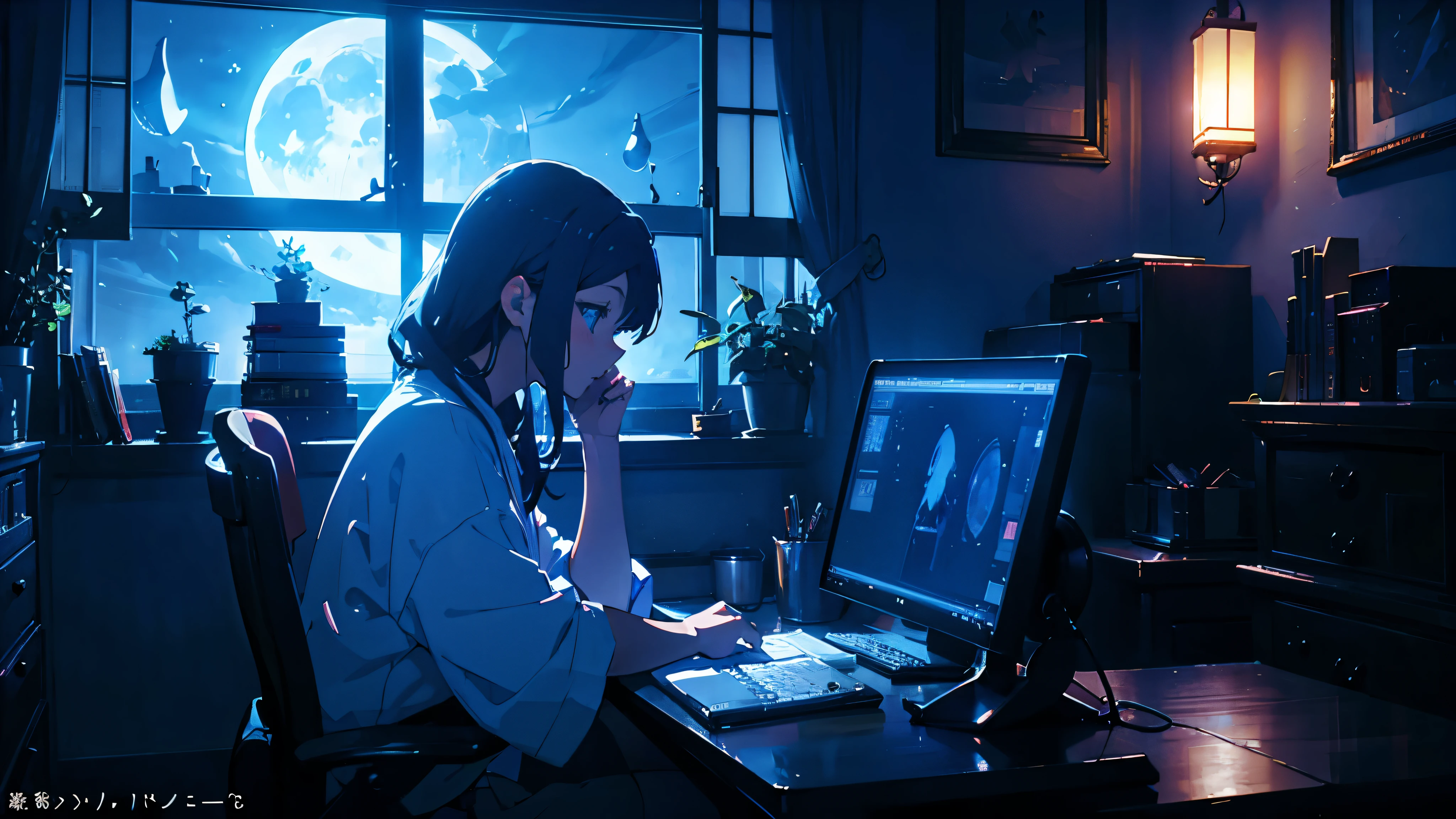 A room illuminated by moonlight through the window、Beautiful girl working on a computer　Dimly lit room　Japanese anime style