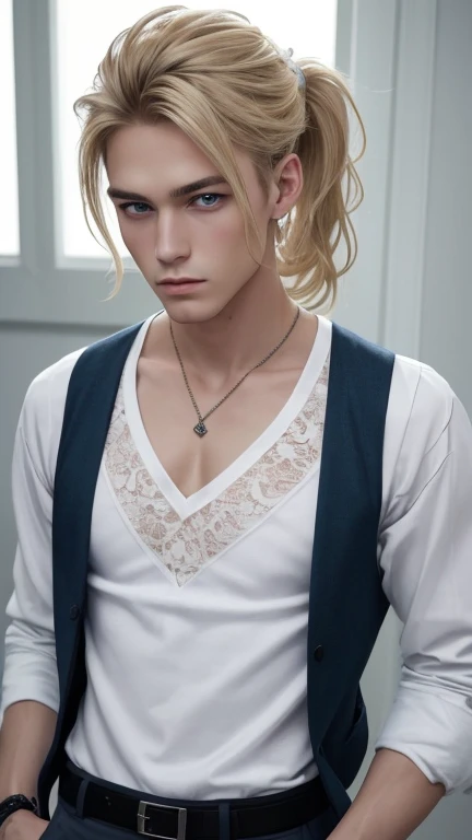 (high quality:1.2),male,attractive,handsome,adorable,charming,young, blonde hair.lace, ponytail hair, guy, stylish outfit, trendy attire, fashionable dressing, in his clothes, outfit details, stylish appearance, confident posture, cool vibe, edgy style, modern fashion, youthful aura, vibrant personality, A man wearing a brown vest over a white T-shirt, delicate man, extremely detailed body, beautiful detailed blue eyes, white skin