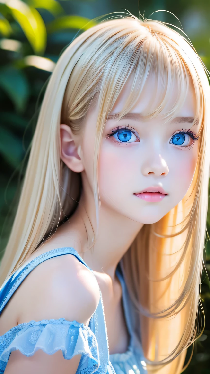 One beautiful girl、Portrait、、blue sky、bright and beautiful face、young, Very white shiny skin、The best beauty、Super long blonde hair with dazzling light reflections、Beautiful natural platinum blonde super long silky straight hair、long bangs between the eyes,、Extraordinarily beautiful 15-year-old、Large, shining, clear, light blue eyes、Very big eyes、Small Face Girl、round face、Cheek gloss highlight