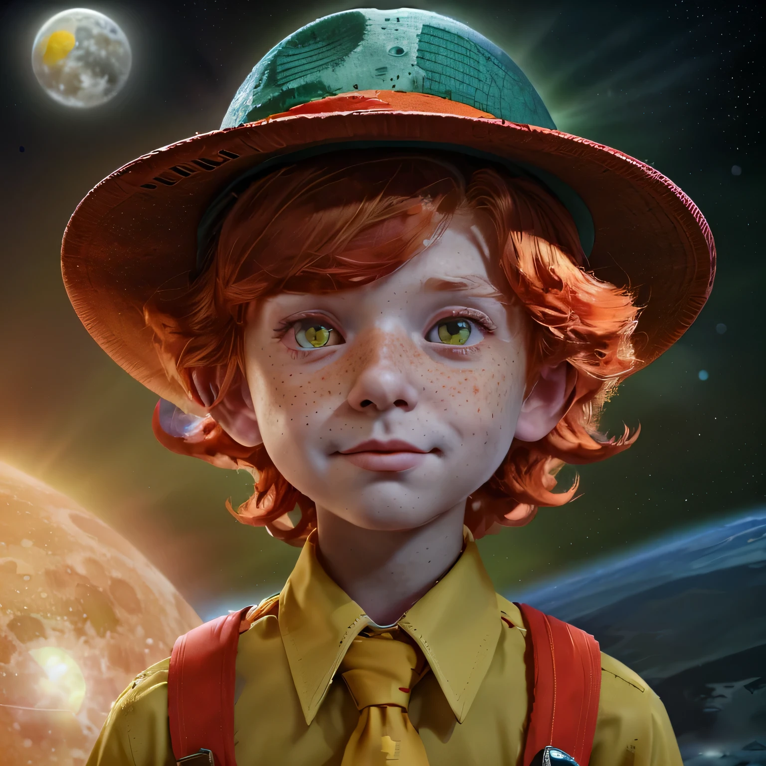 literary character, Dunno on the Moon, boy, freckles on his face, bright red hair, medium height, big head, small nose. wide-brimmed hat, blue, canary yellow trousers, red shirt, and green tie, bright colors. ultra-realistic, daytime, background - space, lunar surface