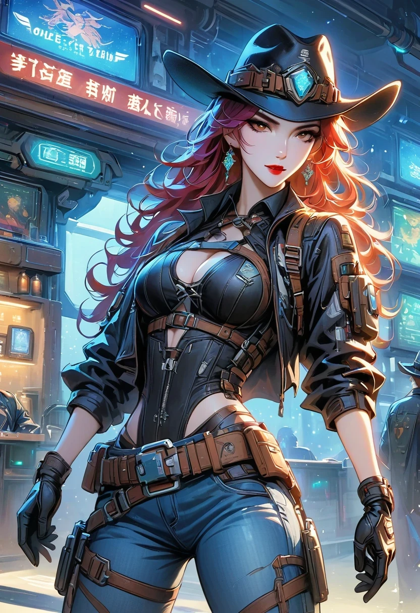 masterpiece, pale skin, red lips, light eyes, eye shadow, Frontal photo of a red-haired beauty with medium curly hair standing in the Star Tavern,Cyberpunk cowboy in interstellar tavern,Futuristic starry sky background,Alien Technology,Mechanical Cowboy,Wearing a red and black mechanical suit, Mafia style mechanical suit, 她 is also wearing a hat, Jeans and high heels, Very detailed body, Alien Technology in detail, chiaroscuro, Natural light, Very detailed, 她 and the car focus on images