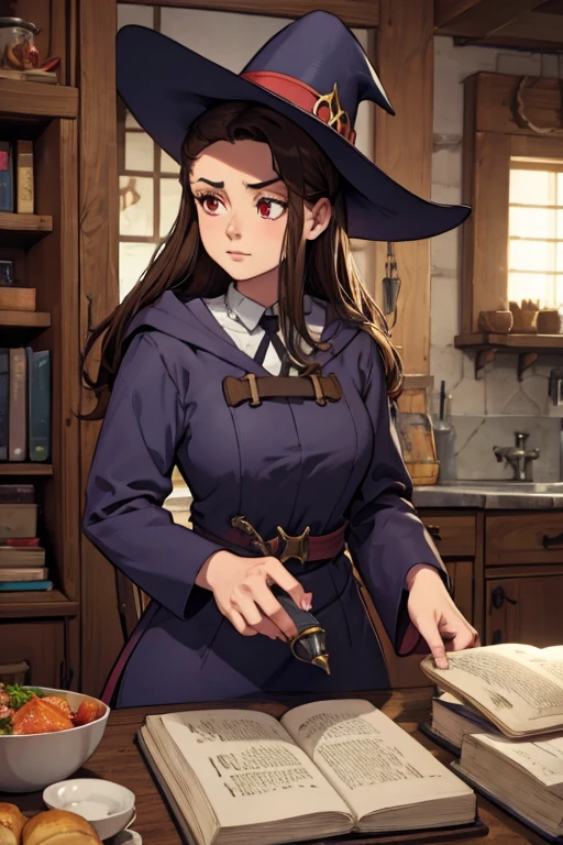 A brown haired female witch with red eyes with an hourglass figure in a conservative Victorian dress is making a potion