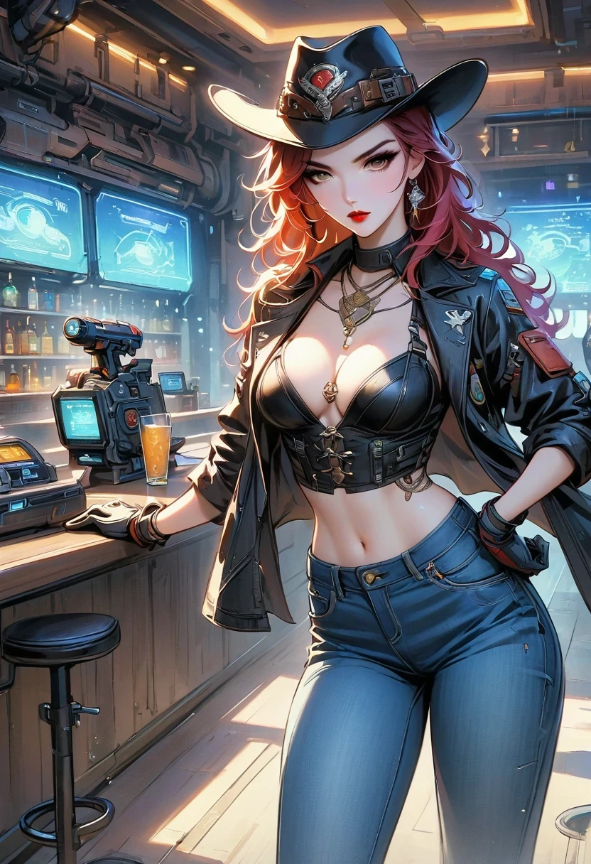 masterpiece, pale skin, red lips, light eyes, eye shadow, Frontal photo of a red-haired beauty with medium curly hair standing in the Star Tavern，Cyberpunk cowboy in interstellar tavern，Futuristic starry sky background，Alien Technology，Mechanical Cowboy，Wearing a red and black mechanical suit, Mafia style mechanical suit, 她 is also wearing a hat, Jeans and high heels, Very detailed body, Alien Technology in detail, chiaroscuro, Natural light, Very detailed, 她 and the car focus on images