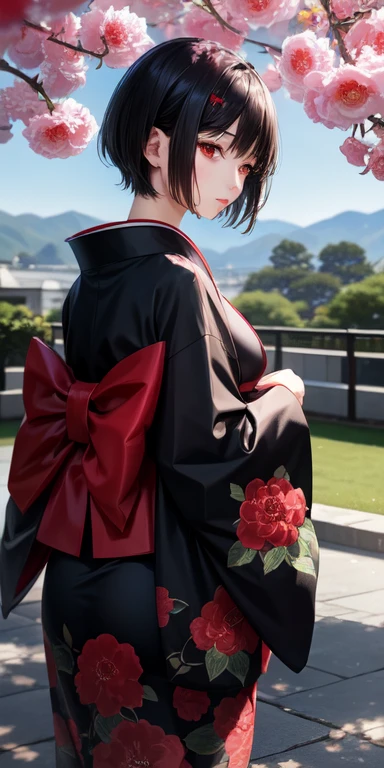 camellia、Short black hair、kimono、Red eyes 、