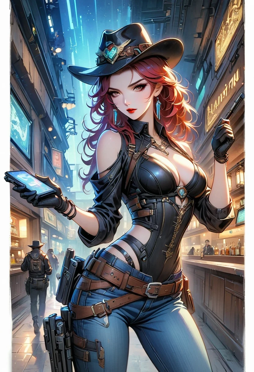 masterpiece, pale skin, red lips, light eyes, eye shadow, Frontal photo of a red-haired beauty with medium curly hair standing in the Star Tavern，Cyberpunk cowboy in interstellar tavern，Futuristic starry sky background，Alien Technology，Mechanical Cowboy，Wearing a red and black mechanical suit, Mafia style mechanical suit, 她 is also wearing a hat, Jeans and high heels, Very detailed body, Alien Technology in detail, chiaroscuro, Natural light, Very detailed, 她 and the car focus on images