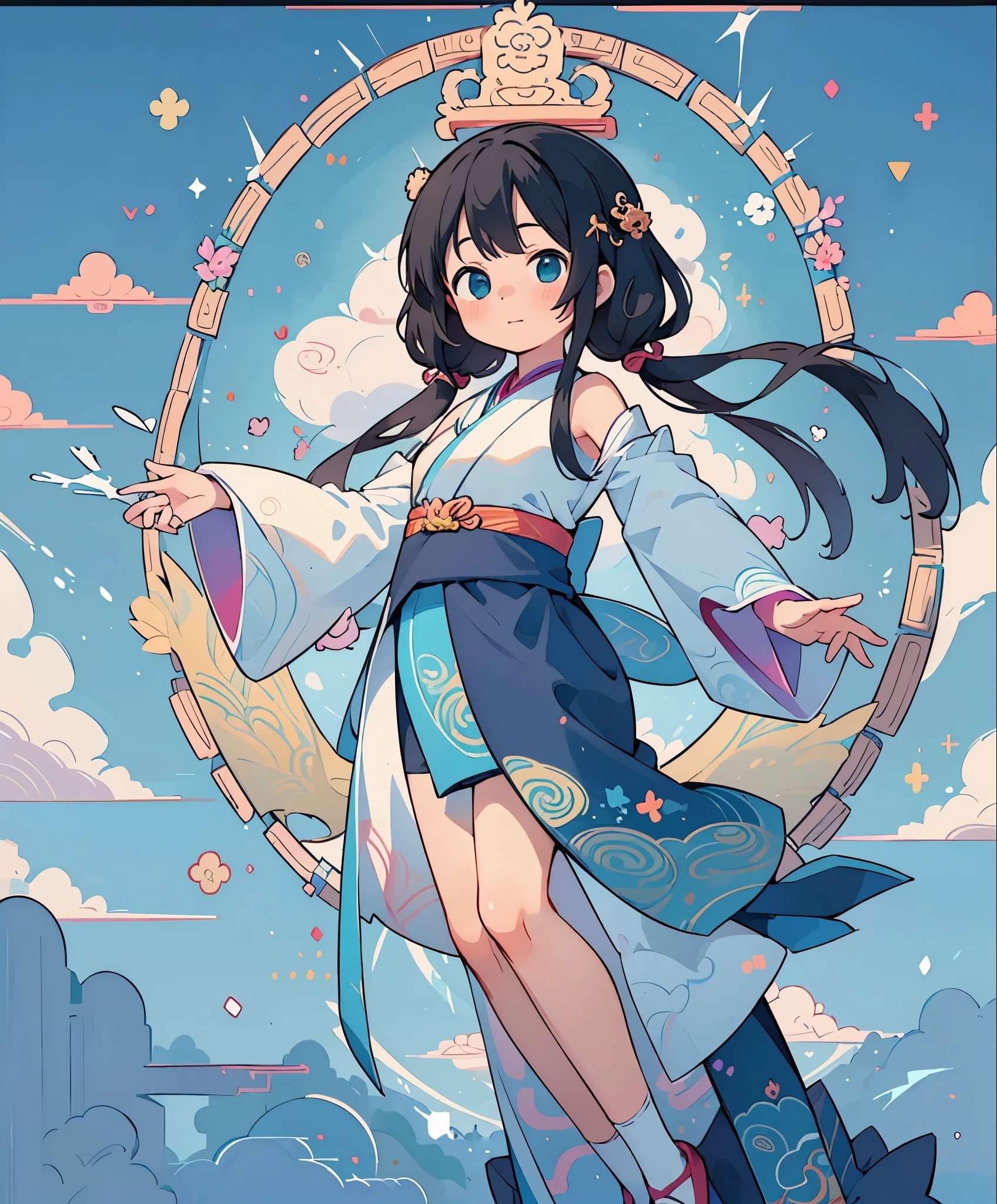 (masterpiece、highest quality、highest quality、Official Art、beautifully美しい:1.2)、(One girl:1.3)Hatsune Miku、Twin tails,Big Breasts,Official Art, Integrated 8K wallpaper, Super detailed, beautifully、aesthetic, masterpiece, highest quality, (Tangleの, Tangle, Intertwined), (Fractal Art: 1.4), One girl, Black Hair, China語, Exposing shoulders, Short skirt, Calf, belly button, Very detailed, Dynamic Angle, Cowboy Shot, (The most beautiful form of chaos), flowing, (Bright colors), oc, (half: 1.2), China, (thangka flying in the sky: 1.5), (ribbon: 1.3), (dream: 1.5), (Hanfu: 1.5), China語 dragon, China語 phoenix, (smile: 0.5), (China語 deity),