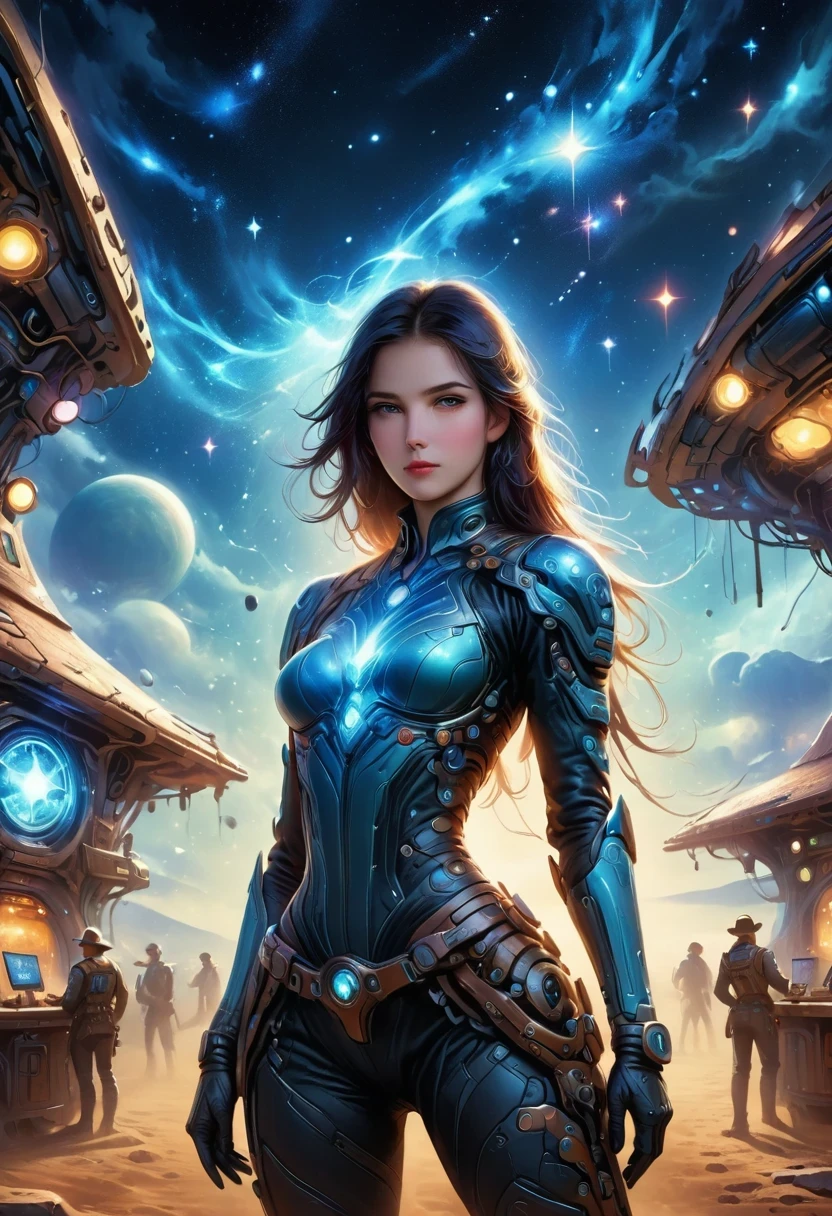 Cyberpunk Cowgirl in Interstellar Tavern,Futuristic starry sky background,Alien Technology,Mechanical Cowboy