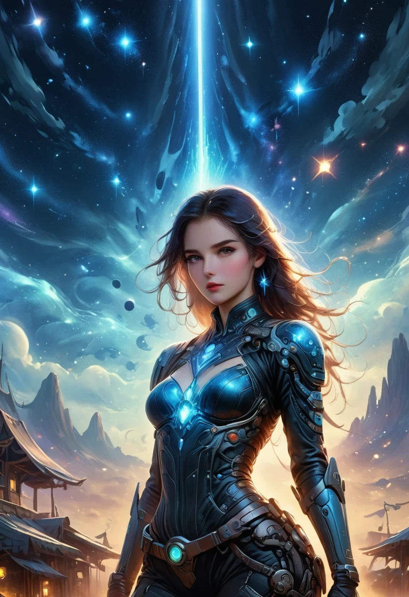 Cyberpunk Cowgirl in Interstellar Tavern,Futuristic starry sky background,Alien Technology,Mechanical Cowboy