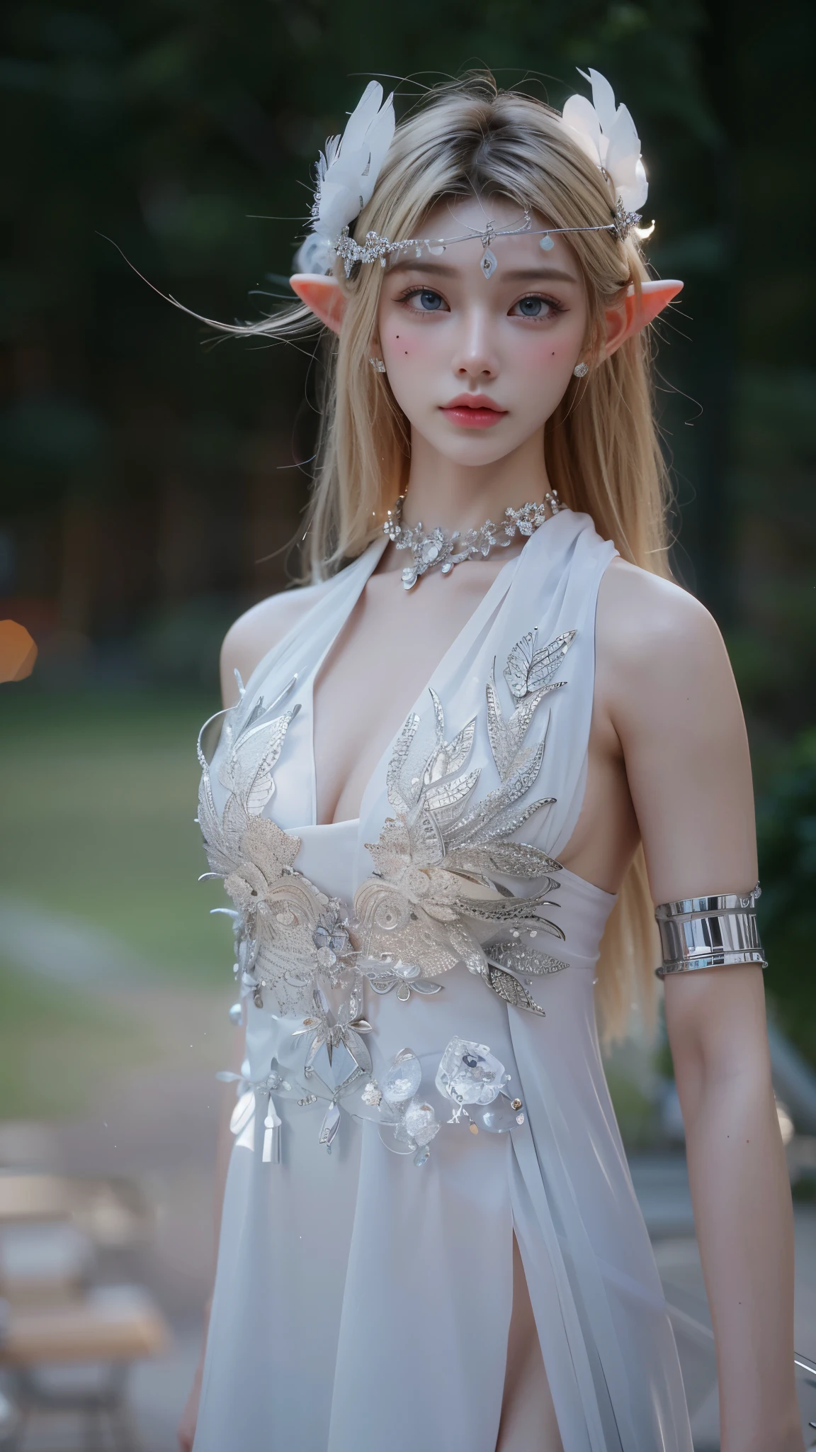 Game Art，Best image quality，highest resolution，8k，(A half-length photo)，(portrait)，(Head close-up)，(Rule of Thirds)，Unreal Engine 5 rendering works，20 year old girl，((Queen))，Eyes are very detailed，(Large Breasts)，Elegant and noble，movie lights，Ray Tracing，Game CG，((3D Unreal Engine))，OC rendering reflection pattern，4K，Ultra-clear，Sensual，Translucent lace，Fair and plump figure，Pretty Face，Glossy Gel Coat，身着华贵礼服的Queen，Crystal Gem Crown，Necklace jewelry，blue eyes，black tattoo(whole body)，The tattoo is very three-dimensional，Gorgeous and intricate tattoo designs，Arm tattoo，elf princess