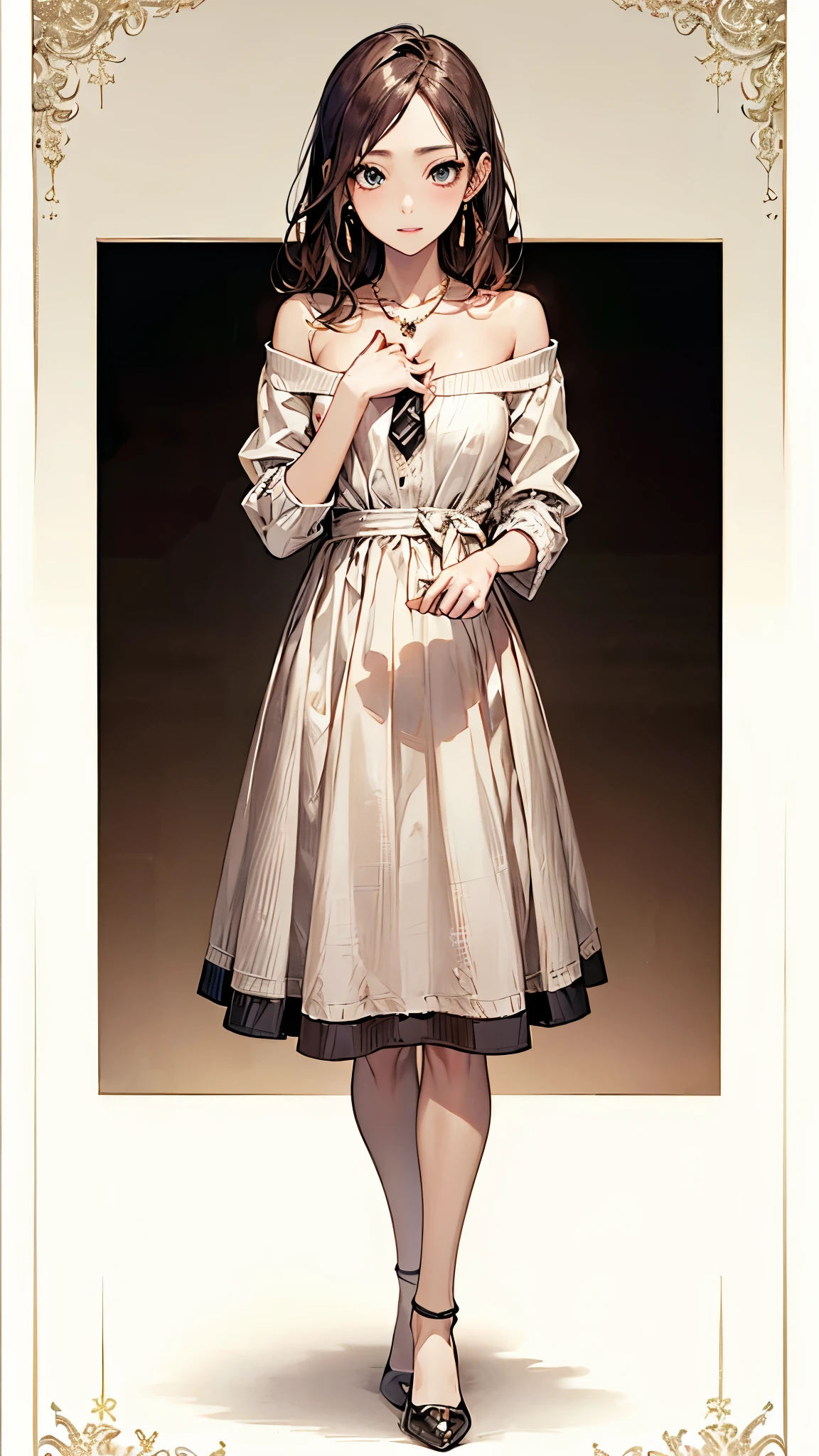 ((Biologically correct number of limbs))、(( Full body photo including face))、4K、((Standing posture))、Masterpiece、((focus on the face))、((Symmetrical facial features))、Eyes with detailed description、Beautiful woman、Outstanding style、Beautiful clavicle、Beautiful legs、Beautiful Hands、Slender Body、(stockings、High heels)、Detailed depiction of faces、Small earrings、necklace、(knit dress、Checked skirt)、Close-up of face、tie、Beautiful background、(((White border photo)))、