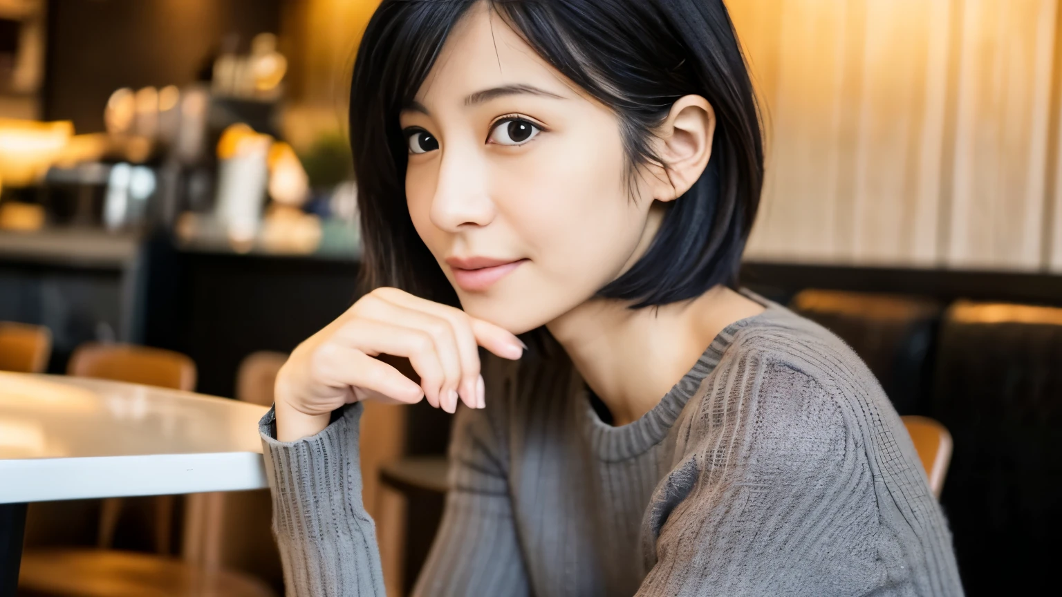 Japanese women, 30 years old, Slim figure, Small breasts, Very small waist, Beautiful Face, Beautiful Eyes, black short hair, wearing tights, Short grey knit dress, Sitting in a fashionable café, look back at you kindly, 1 girl, alone, Detailed face and eyes, Small fingers and arms. Full body photo. Realistic, Realistic.