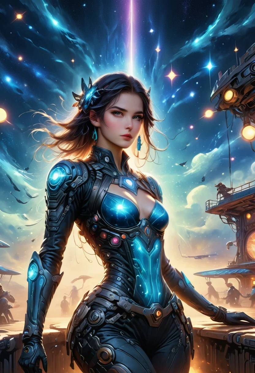 Cyberpunk Cowgirl in Interstellar Tavern,Futuristic starry sky background,Alien Technology,Mechanical Cowboy