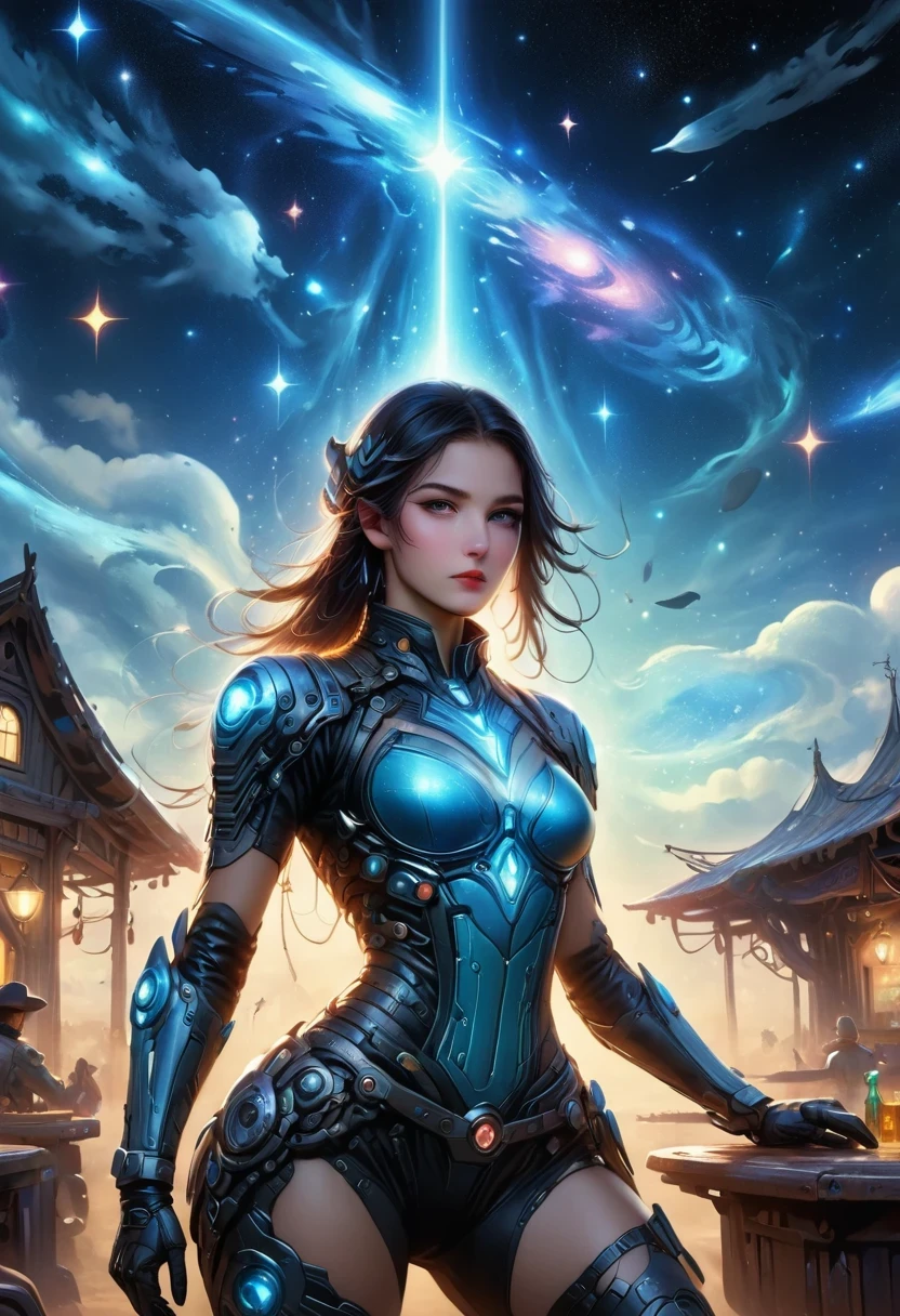 Cyberpunk Cowgirl in Interstellar Tavern,Futuristic starry sky background,Alien Technology,Mechanical Cowboy