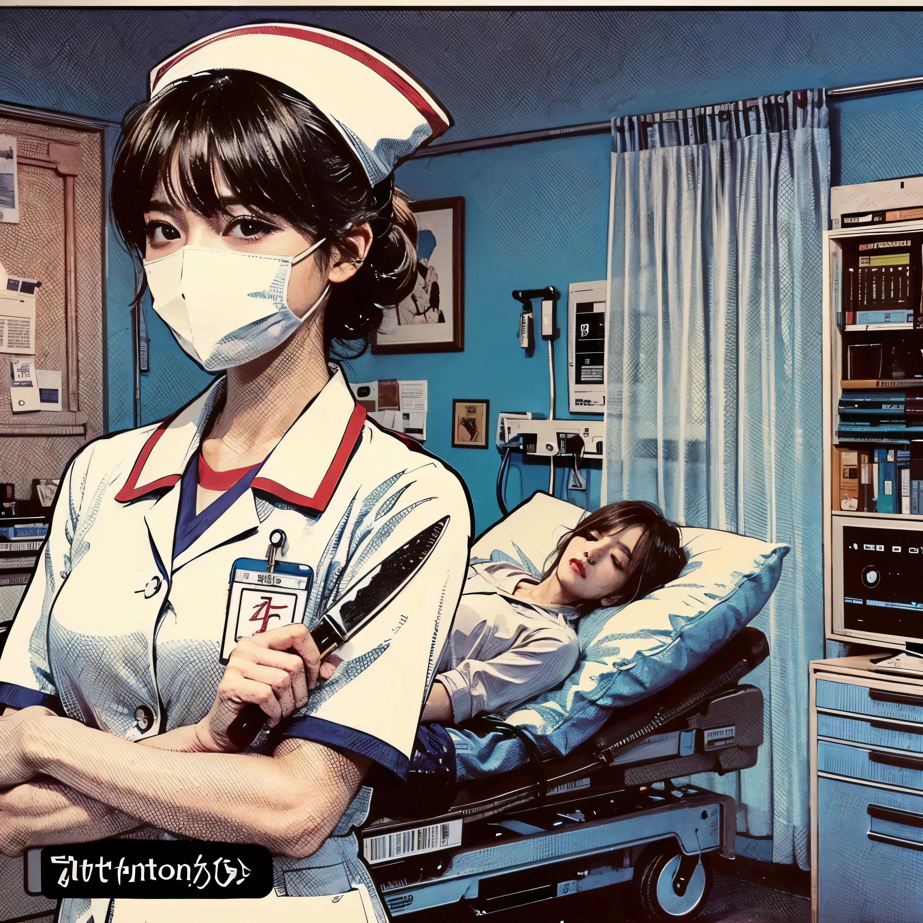 nurse holding a knife while a patient lies on a bed behind her