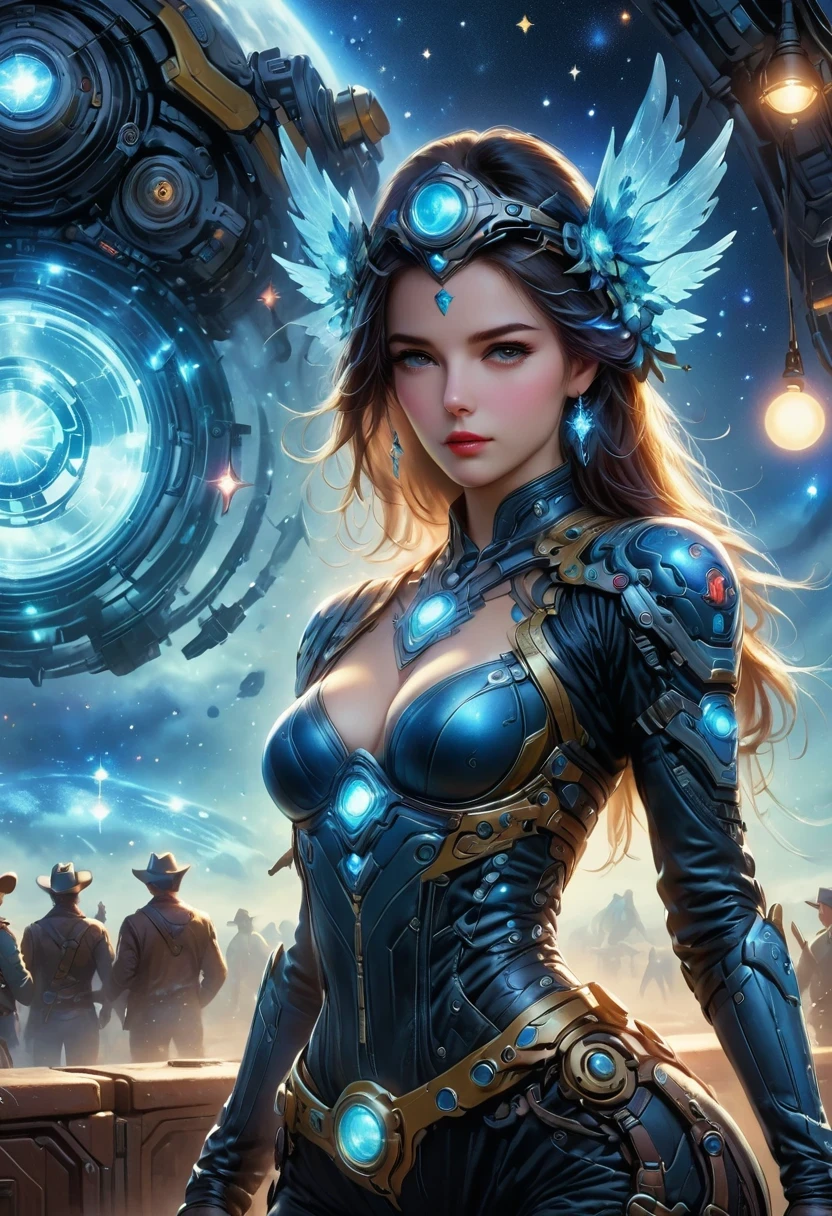Cyberpunk Cowgirl in Interstellar Tavern，Futuristic starry sky background，Alien Technology，Mechanical Cowboy