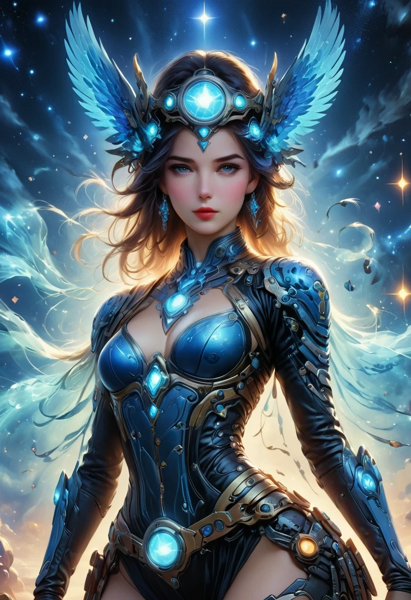 Cyberpunk Cowgirl in Interstellar Tavern,Futuristic starry sky background,Alien Technology,Mechanical Cowboy