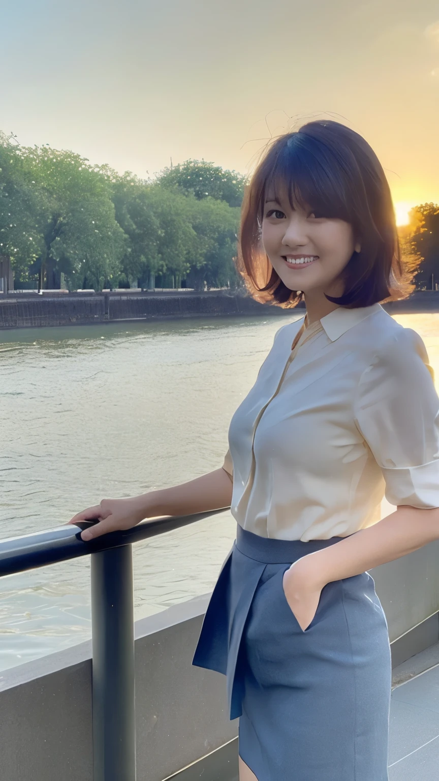 NSFW, ((Top Quality)), ((8K)), ((Masterpiece: 1.3)), (Perfect Appearance), (Photorealism: 1.6), (Japanese woman walking along the bank), (outdoors), (A bank along the river with a nice view: 1.4), (bask in the evening sun from the front), japanese woman, (60 years old), gentle smile, The eyes are looking here, short hairstyle, soft fabric blouse, wide sleeves, Cuffs that fit your wrist, (The hem of the blouse is tucked into the skirt: 1.2), flare skirt, high heels, (Focus on the upper body: 1.4),