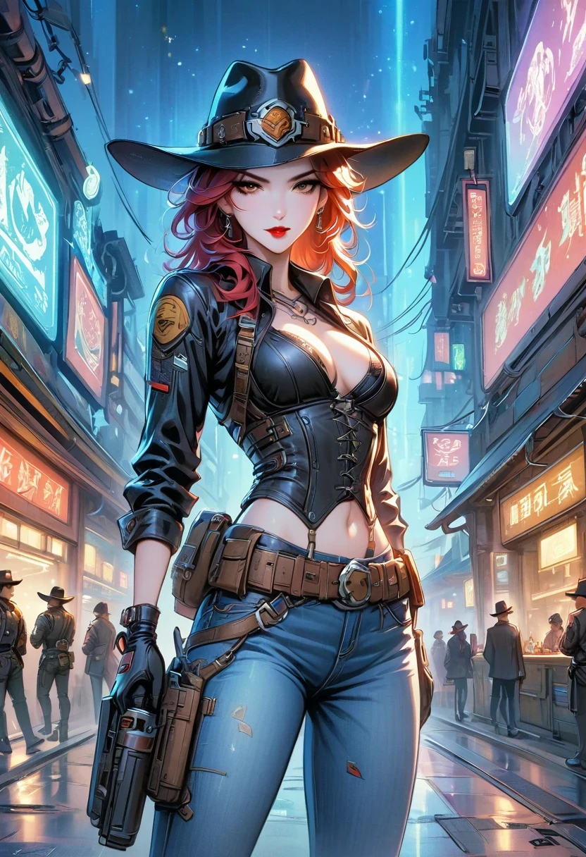 masterpiece, pale skin, red lips, light eyes, eye shadow, Frontal photo of a red-haired beauty with medium curly hair standing on the street，Cyberpunk cowboy in interstellar tavern，Futuristic starry sky background，Alien Technology，Mechanical Cowboy，Wearing a red and black mechanical suit, Mafia style mechanical suit, 她 is also wearing a hat, Jeans and high heels, Very detailed body, Alien Technology in detail, chiaroscuro, Natural light, Very detailed, 她 and the car focus on images