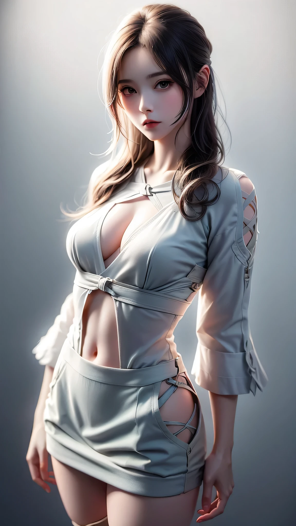 Beautiful white and shining skin、Chestnut hair that changes depending on the light、Long bangs between the eyes that obstruct the view、Cheek gloss highlights、Sexy and very beautiful gorgeous face、The most beautiful face in the world、Small Face Beauty、Golden Ratio、full body shot、Beautiful woman with perfect body、short hair、Ample breasts、Cleavage、slender、Waistline、Firm stomach、open your mouth a little、solo、sexy、Natural soft light、Long, snug-fitting knitwear、mini skirt、white lace panties、See-through、A sexy model poses with her chest sticking out、Beautiful thighs、
