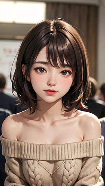 A light blush and a smile, (Masterpiece of the highest quality:1.2) Delicate illustrations, super detailed, /Beautiful Japanese Women、1 person,Very cute and slim、Outstanding style 、((8K images、super high quality))、Very delicate face, Skin and Hair、Red lipstick、short hair、straggling hair,(((((Gradient Hair、brown hair))))),Very cute Japanese cut face、Eyes and nose are clearly visible、Kind eyes,(((Off-the-shoulder sweater、Watching the audience)))、full body shot