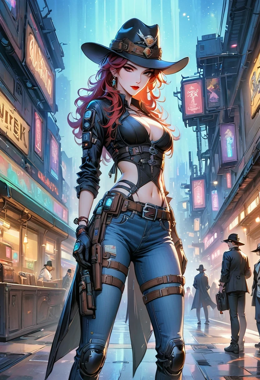 masterpiece, pale skin, red lips, light eyes, eye shadow, Frontal photo of a red-haired beauty with medium curly hair standing in the Star Tavern,Cyberpunk cowboy in interstellar tavern,Futuristic starry sky background,Alien Technology,Mechanical Cowboy,Wearing a red and black mechanical suit, Mafia style mechanical suit, 她 is also wearing a hat, Jeans and high heels, Very detailed body, Alien Technology in detail, chiaroscuro, Natural light, Very detailed, 她 and the car focus on images