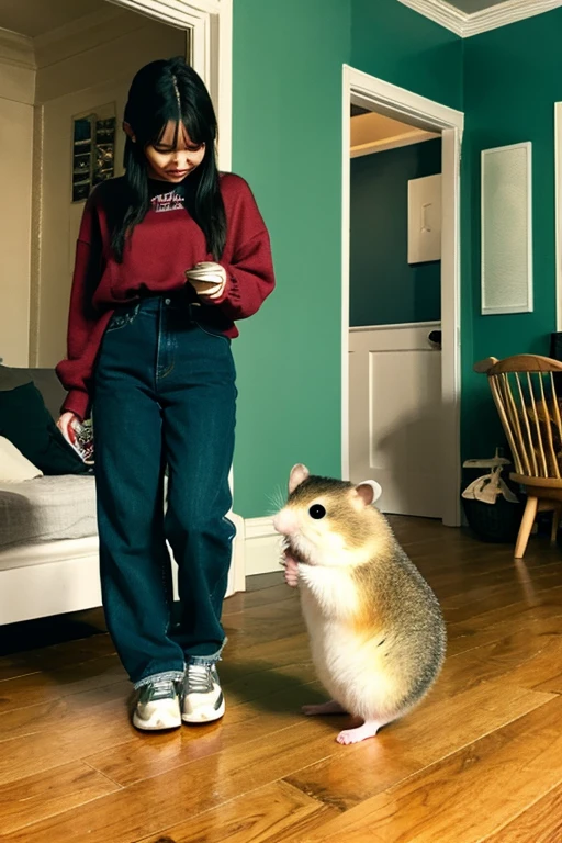A hamster standing on two legs is looking at the scenery inside the house
