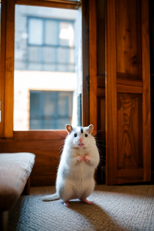 A hamster standing on two legs is looking at the scenery inside the house