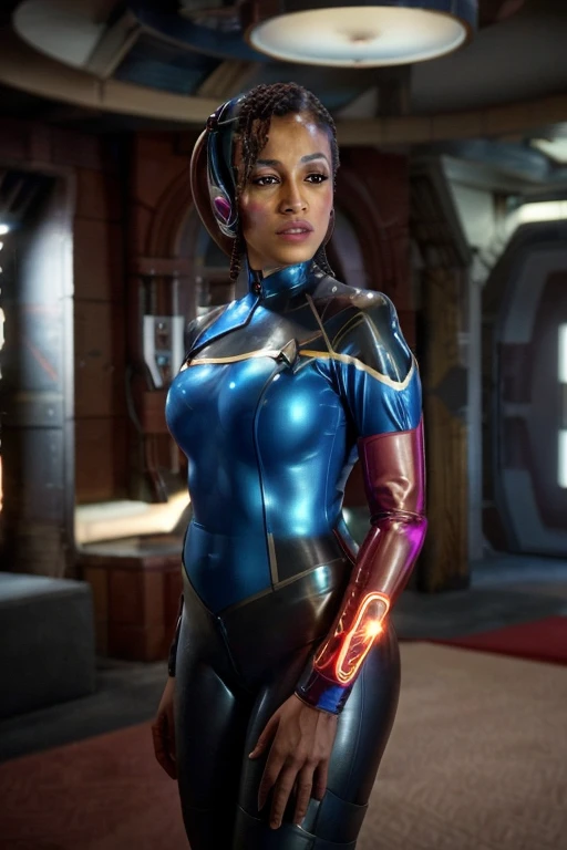 In a futuristic sci-fi setting, a black woman stands confidently, dressed in a blue sttldunf uniform. Her face, with extremely detailed features, including captivating eyes and plump, detailed lips, commands attention. She exudes strength and resilience, enhanced by the metallic texture of her attire. The uniform is adorned with veins-like patterns that give it an otherworldly appearance. Completing her enigmatic aura, she wears a sleek eyepatch that adds a touch of mystery to her character.

Surrounding her, the scene is illuminated by an array of glowing lights, casting an ethereal glow on her face. The lights create a mesmerizing play of shadows and reflections, enhancing the depth and realism of the image. The setting is reminiscent of a sci-fi world, with futuristic technology seamlessly integrated into the environment.

Connected to her uniform, a cable-like device extends from her back, suggesting a symbiotic relationship between her and her surroundings. This intriguing element adds an extra layer of intrigue to the artwork, provoking curiosity from the viewers.

The art style for this prompt draws inspiration from the works of jamesdaly, renowned for their attention to detail and intricate character designs. The level of detail in this artwork should be exceptionally high, capturing the subtle nuances of the woman's features and the intricate patterns on her uniform. The final image should be a visually stunning masterpiece, with sharp focus and ultra-detailed rendering.

To enhance the overall quality of the image, it should be created with the highest standards in mind. This includes using a high resolution such as 4k or 8k, ensuring the best possible quality. The colors should be vivid and vibrant, creating a visually striking contrast between the blue uniform and the glowing lights. Additionally, a touch of bokeh effect can be added to create a dreamlike atmosphere, further emphasizing the sci-fi ambiance of the scene.

In summary, the Black woman weari